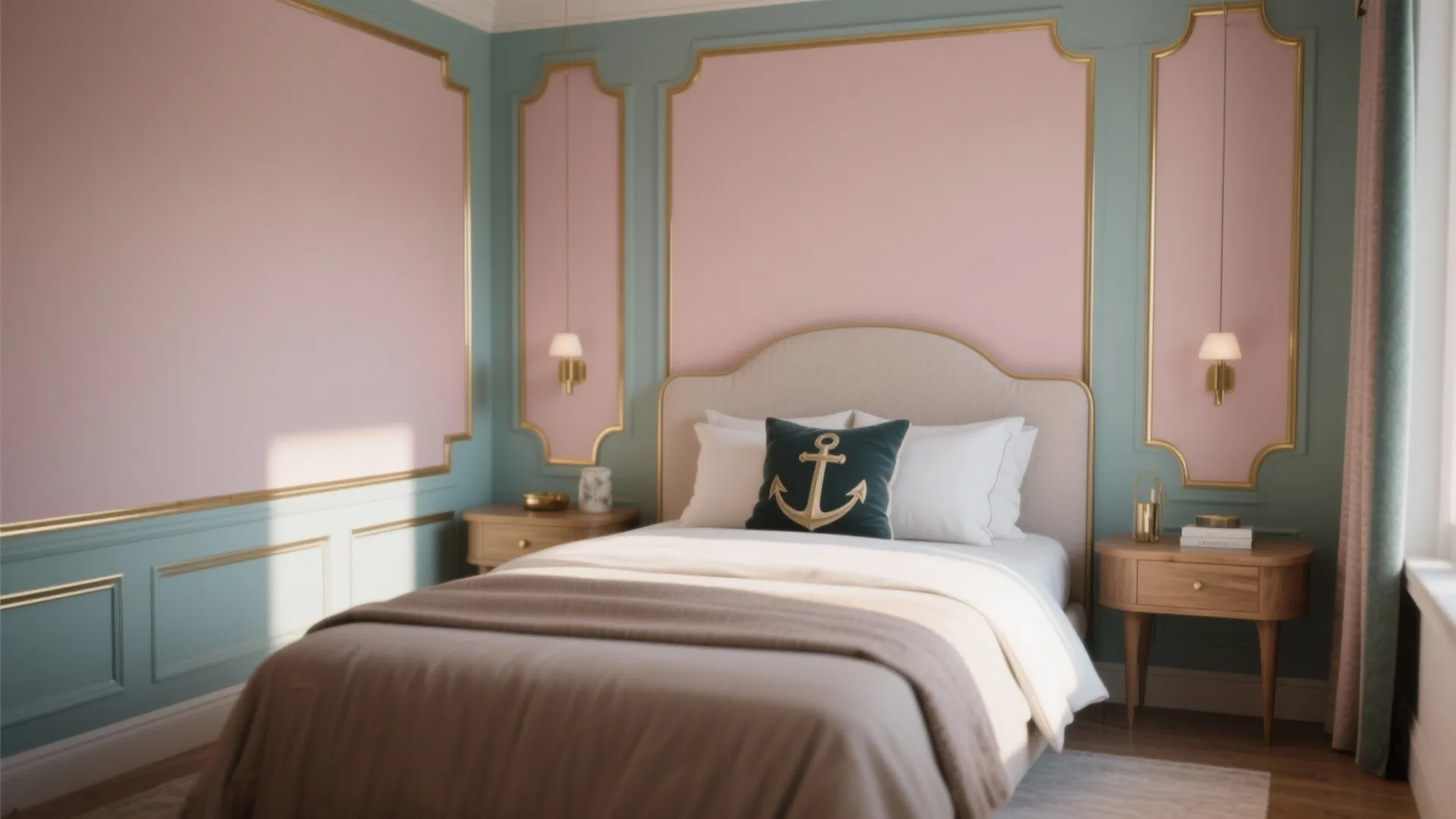 Bedroom showcasing muted dusty rose and soft teal accents with a darker anchor pillow and metallic trim.