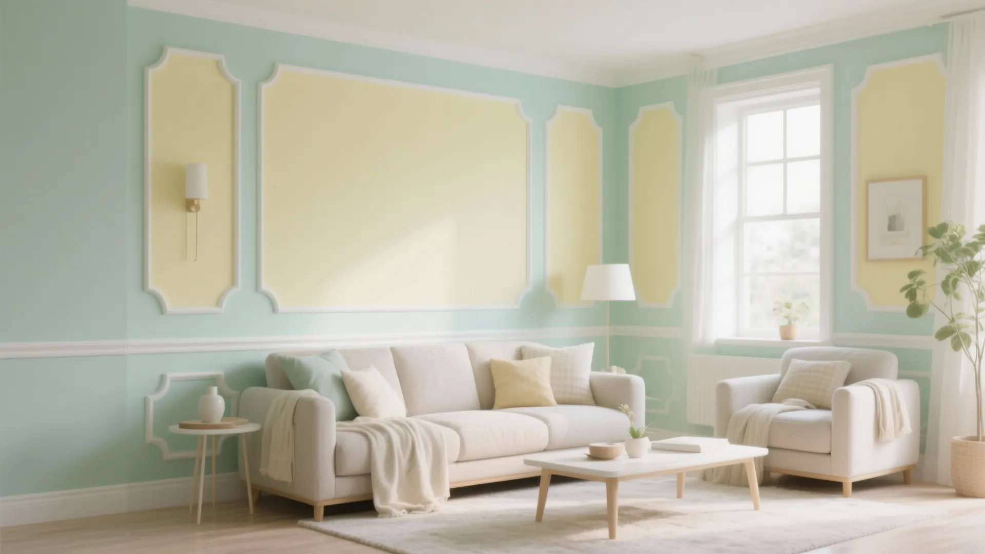 Mint green living room with yellow wall panel detail white sofa and wooden coffee table furniture