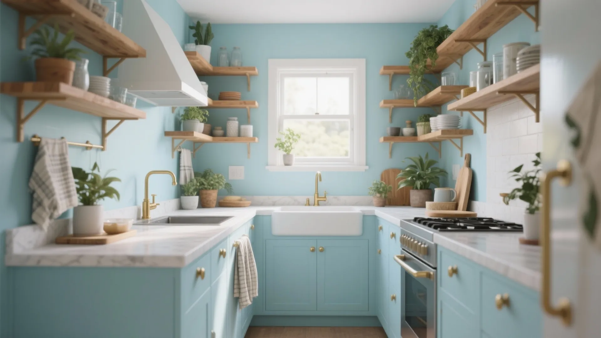 Compact kitchen with pastel blue walls, warm wood shelves and bright daylight creating an airy feel.