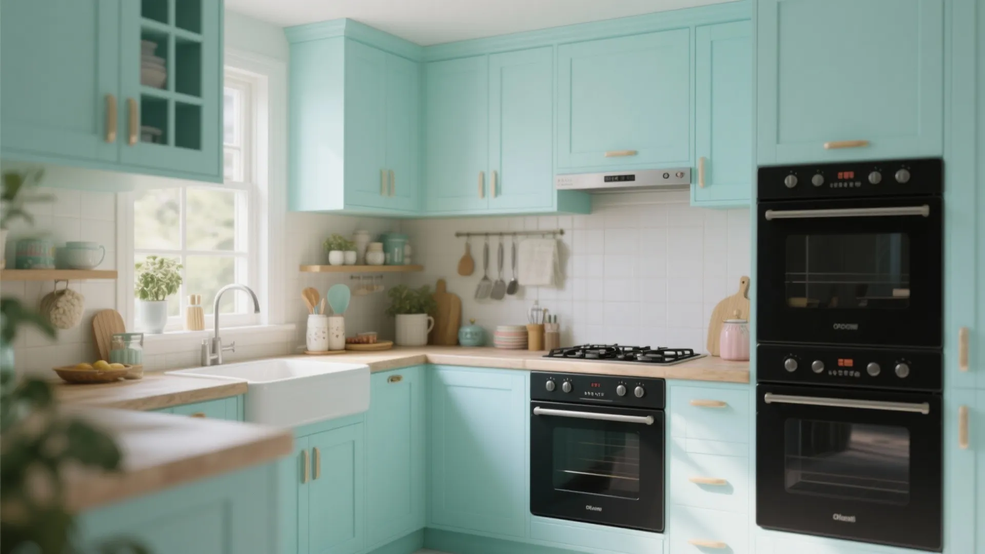 Modern kitchen with light blue cabinets wooden countertop white tiled wall black oven and sink