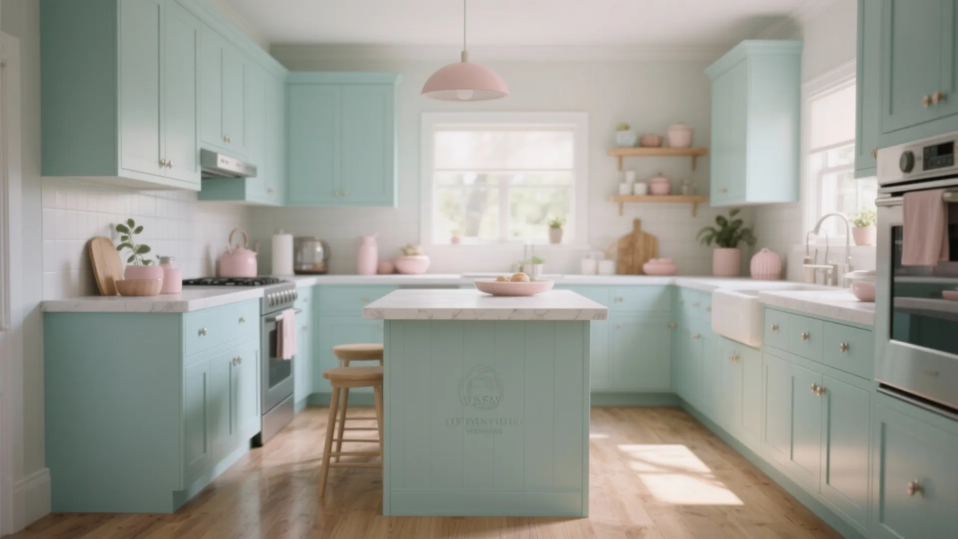 Airy small kitchen with a pale mint island, light wood counters and pastel accents under soft daylight.