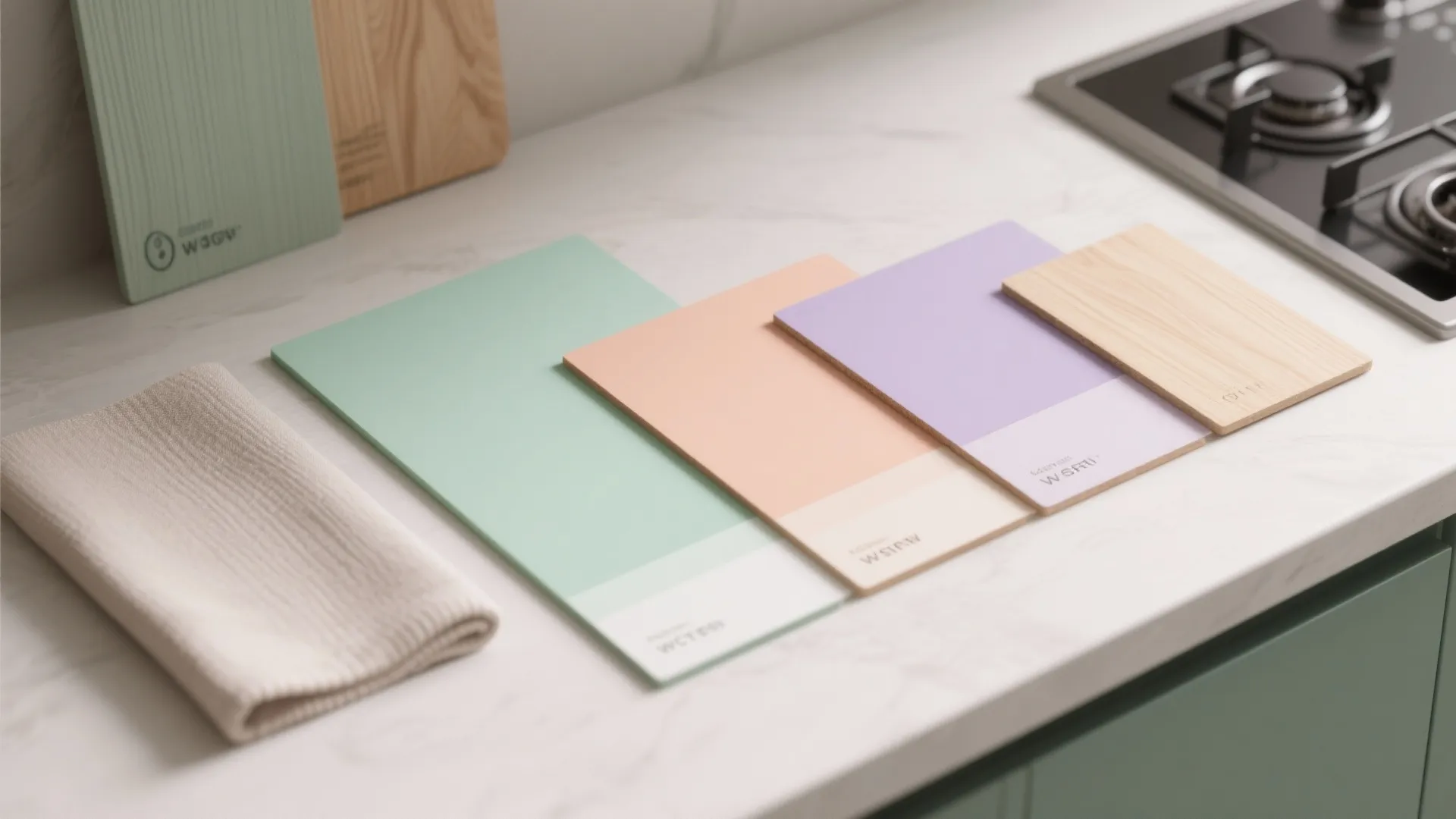 Four pastel color material samples and wooden board placed on white marble kitchen counter top