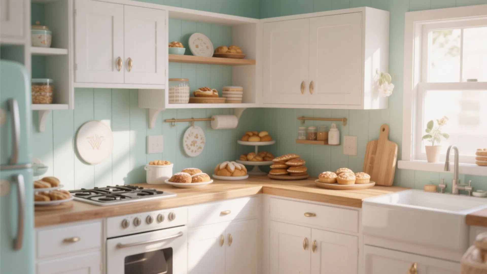 Cozy mint green and white kitchen with wooden countertops filled with many freshly baked pastries