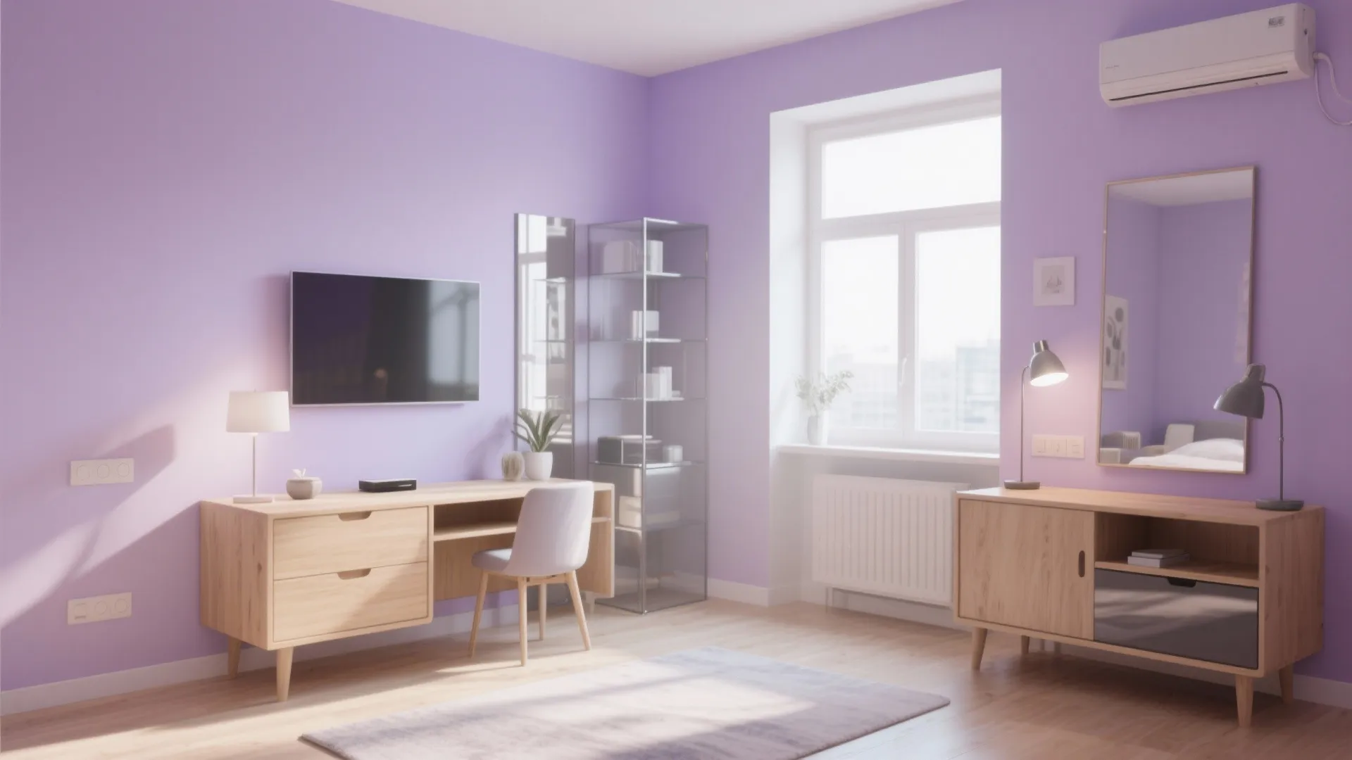 Purple studio room with wooden desk, television, chair, mirror, cabinet and glass shelf on floor