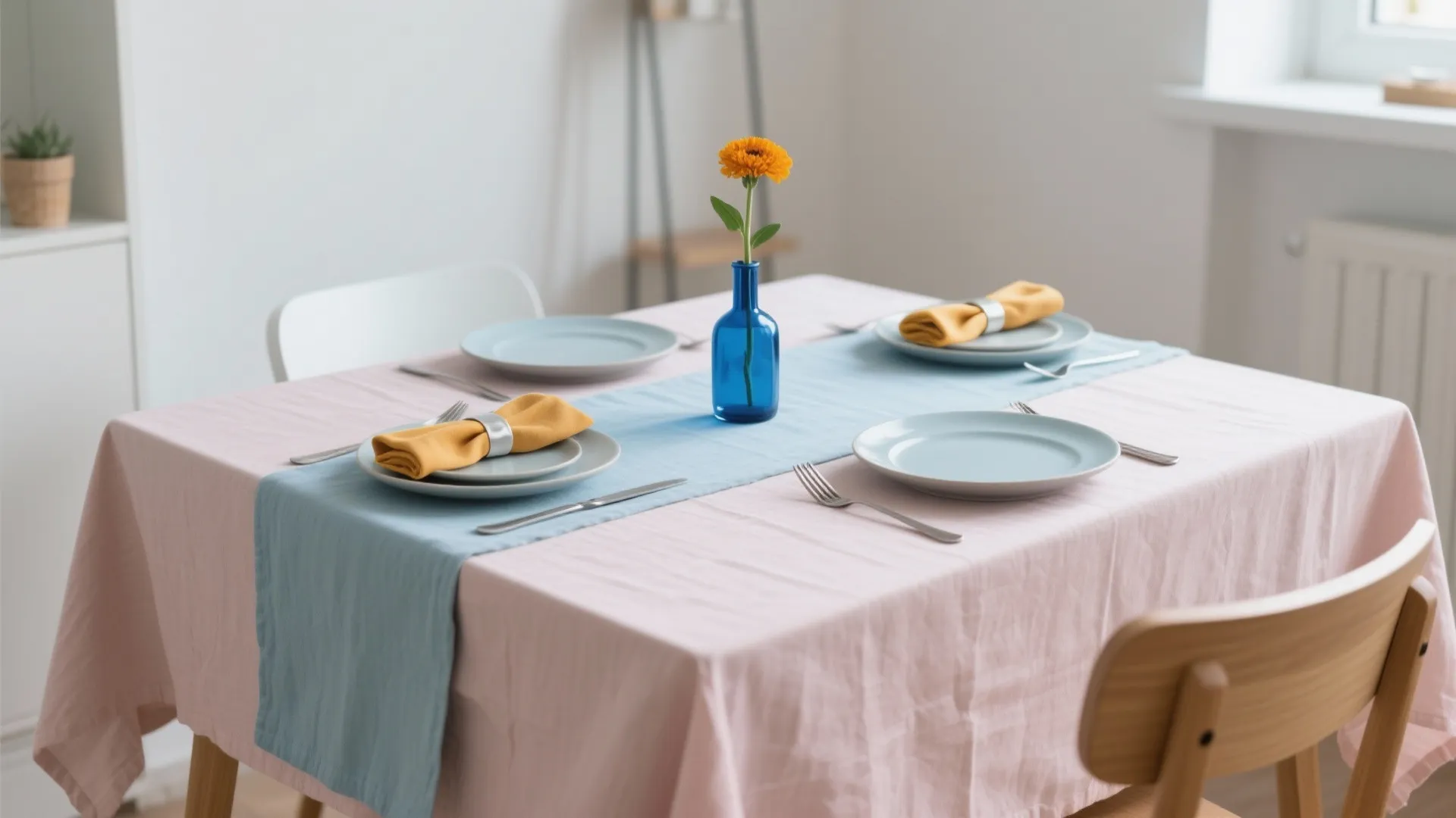 Dining table with pink tablecloth blue runner yellow napkins plates and blue vase with flower