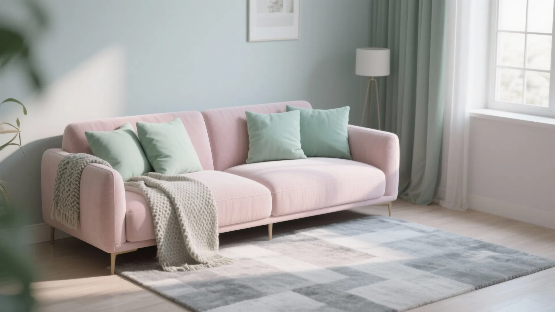 Modern pink sofa with green pillows on grey rug in light blue room with window