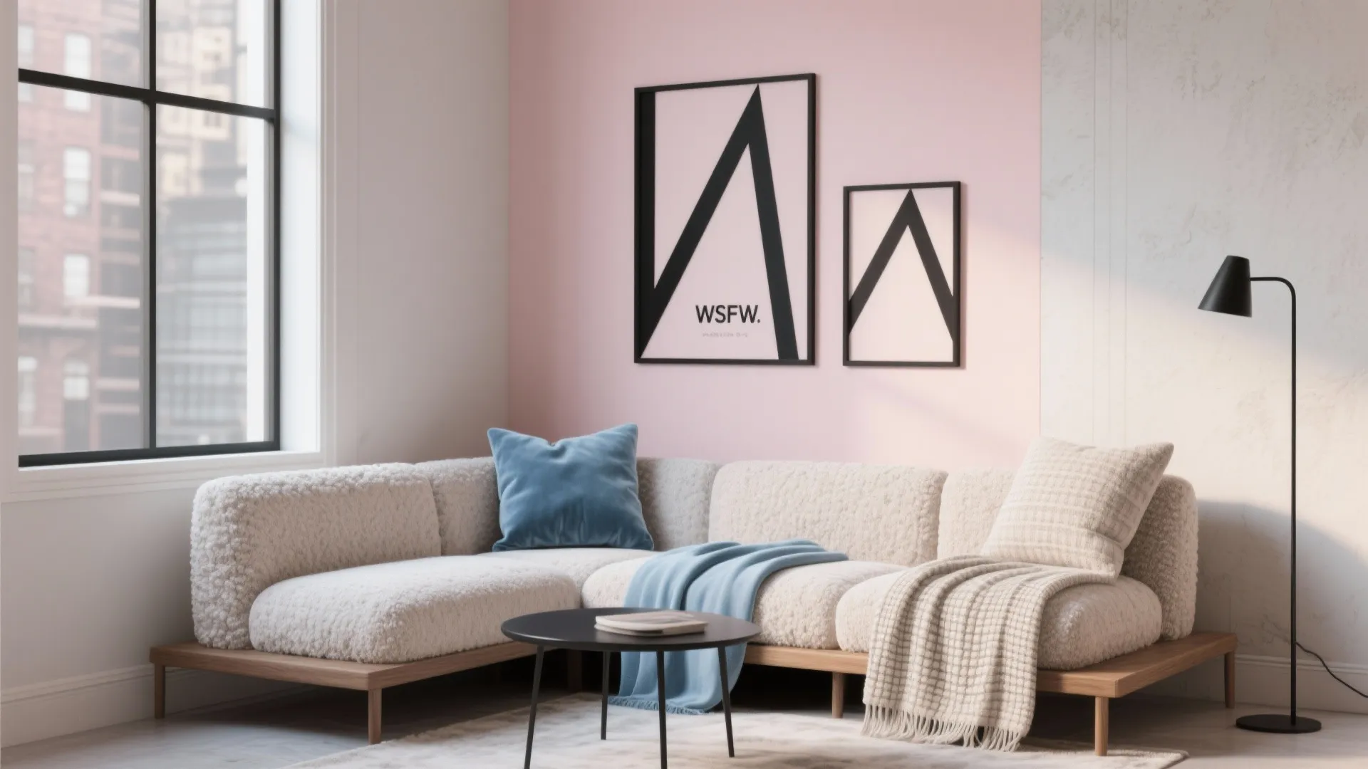 Modern living room with white sofa blue cushions black coffee table pink walls and natural light