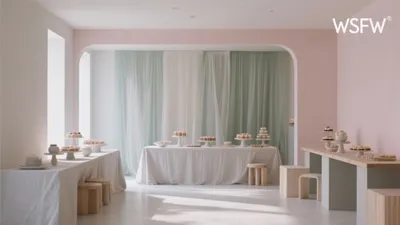 Soft Pastel Event Space with Layered Curtains