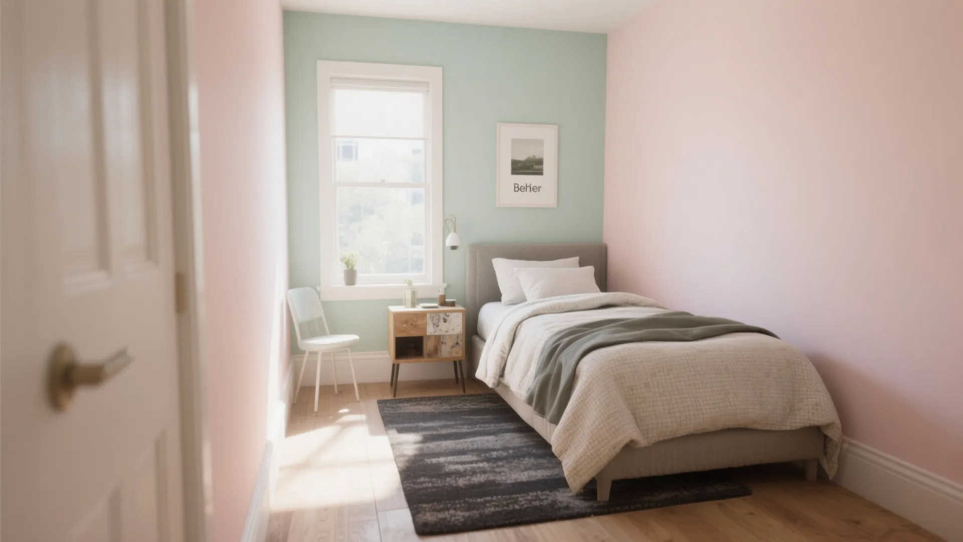 Small bedroom with light pink and green walls single bed wooden side table and rug