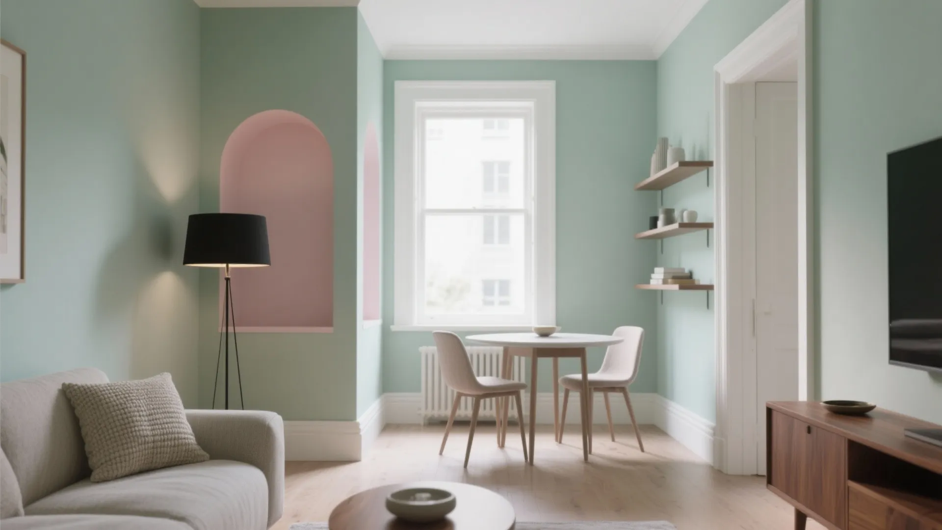 Modern green dining area featuring pink wall niche small table two chairs and floor lamp