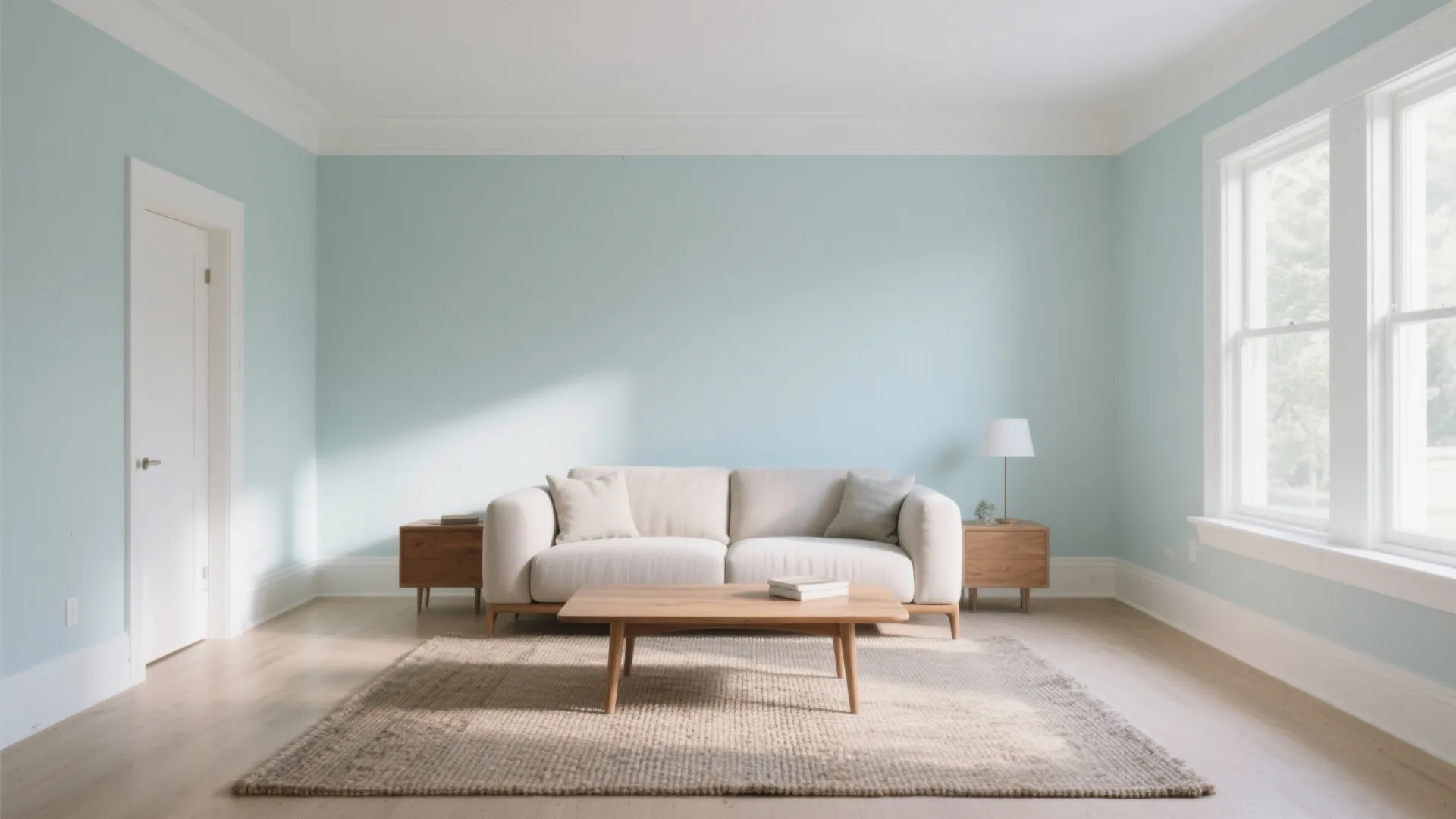 Modern living room with light blue walls white sofa wooden coffee table and large white windows