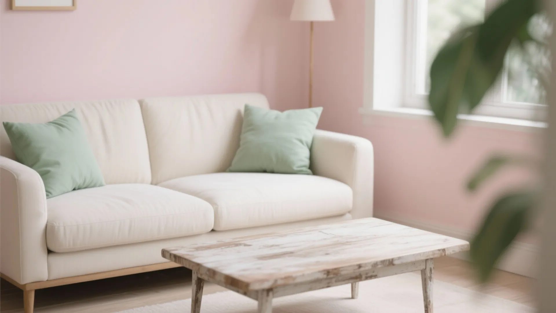 Living room with blush pastel walls and distressed wood table