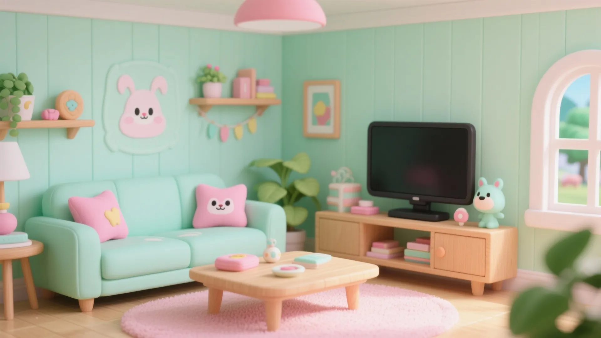 Mint green living room with pink pillows sofa television wooden cabinet and small coffee table