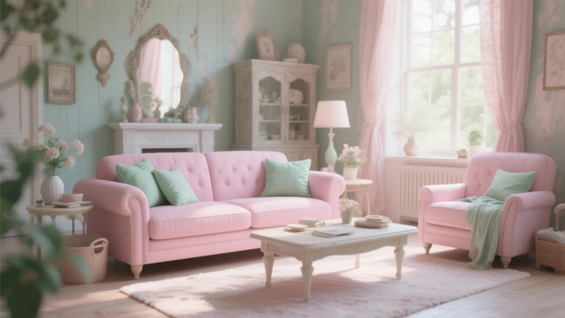 Living room with blush pink sofa and mint cushions in shabby chic style