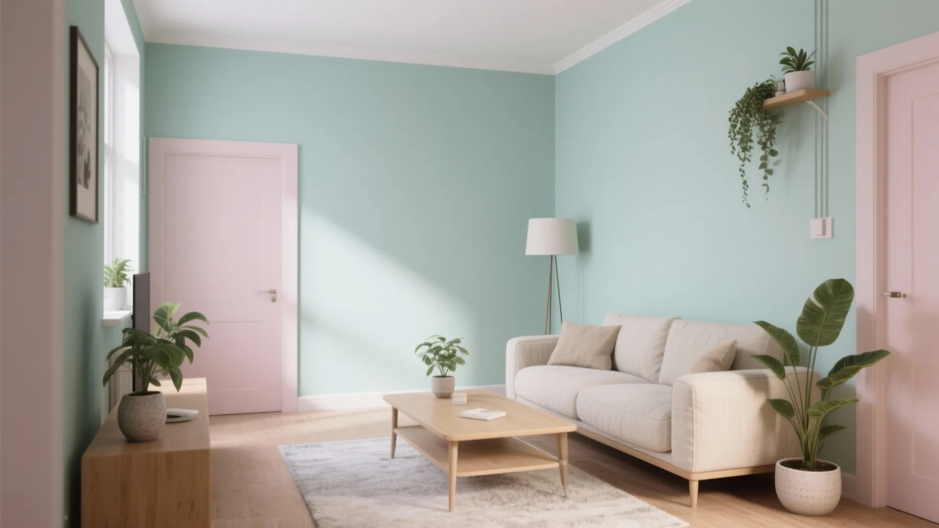Modern living room featuring mint green walls pink doors white sofa wooden coffee table plants