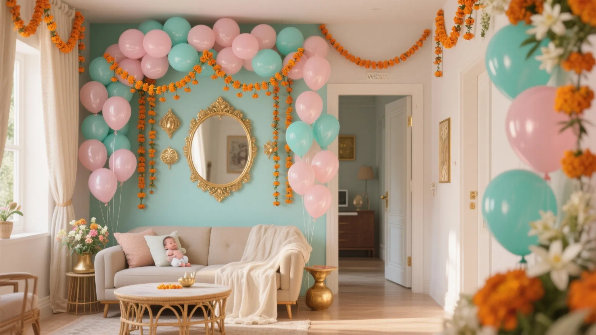 Pastel Meets Desi: Balloons, Marigolds, and Soft Textures