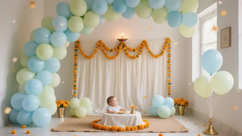 Baby Celebration Space with Balloon Arch & Marigold Decor