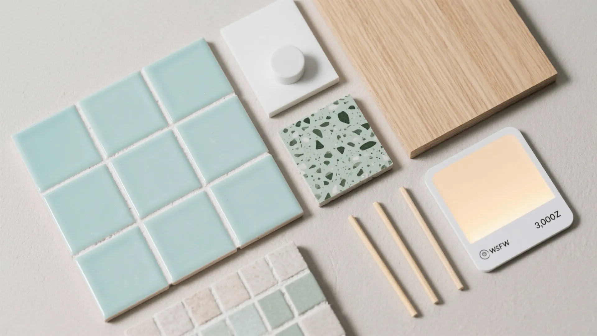 Interior design material board with light blue tiles, wood plank, terrazzo sample, and white swatches