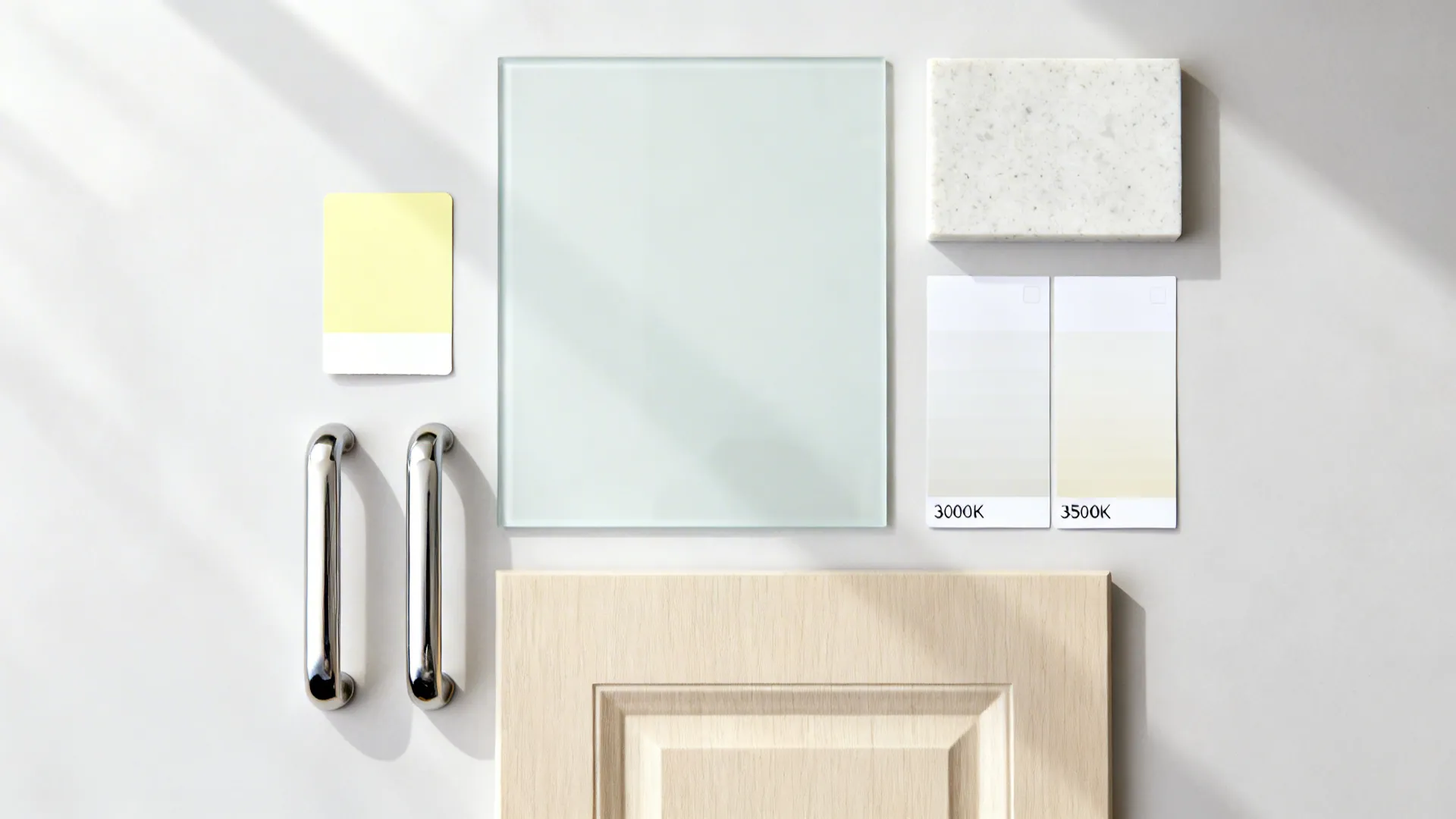 Flatlay with pastel yellow chip, light quartz, back-painted glass, and nickel hardware.
