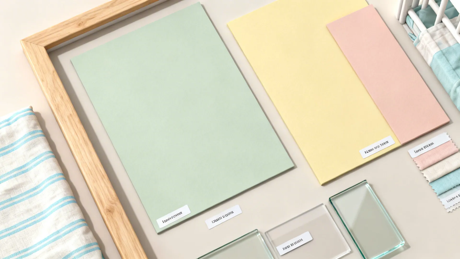 Pastel color samples in green yellow and pink with wood frame glass tiles and fabric
