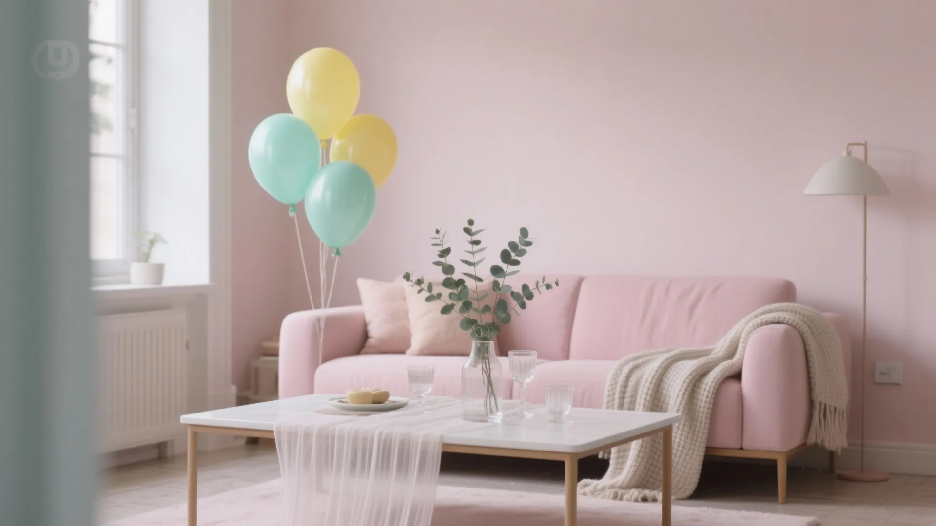 Pink living room with pink sofa coffee table green plant yellow balloons white floor lamp