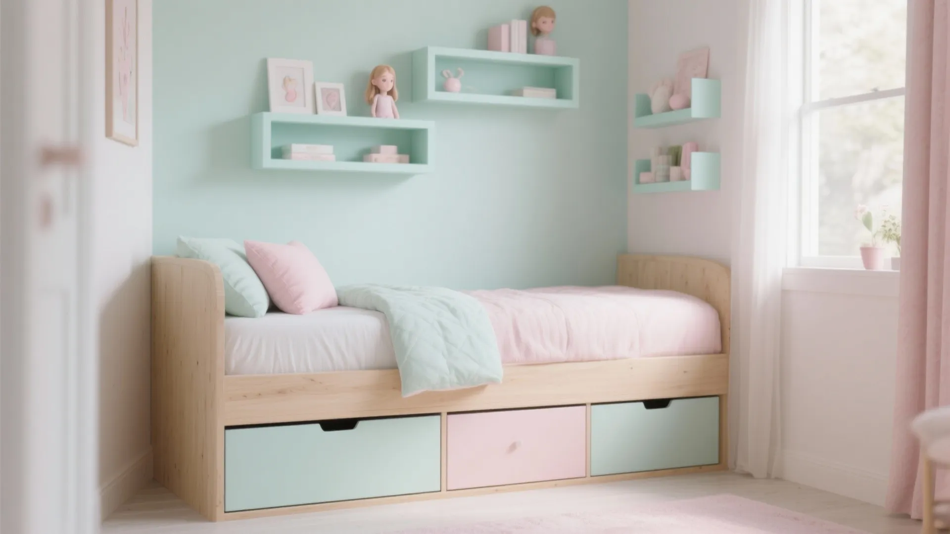 Modern wooden single bed with storage drawers against a light green wall with floating shelves