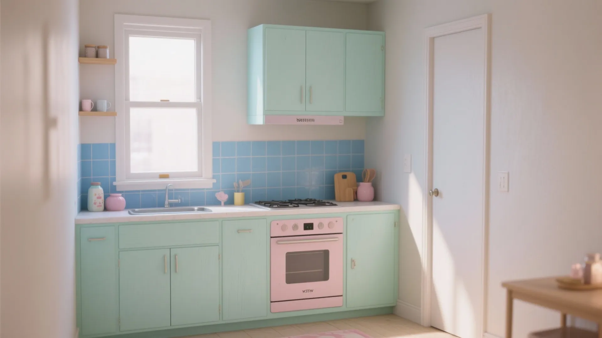 Mint green kitchen cabinets with blue wall tiles pink oven sink and window in bright light