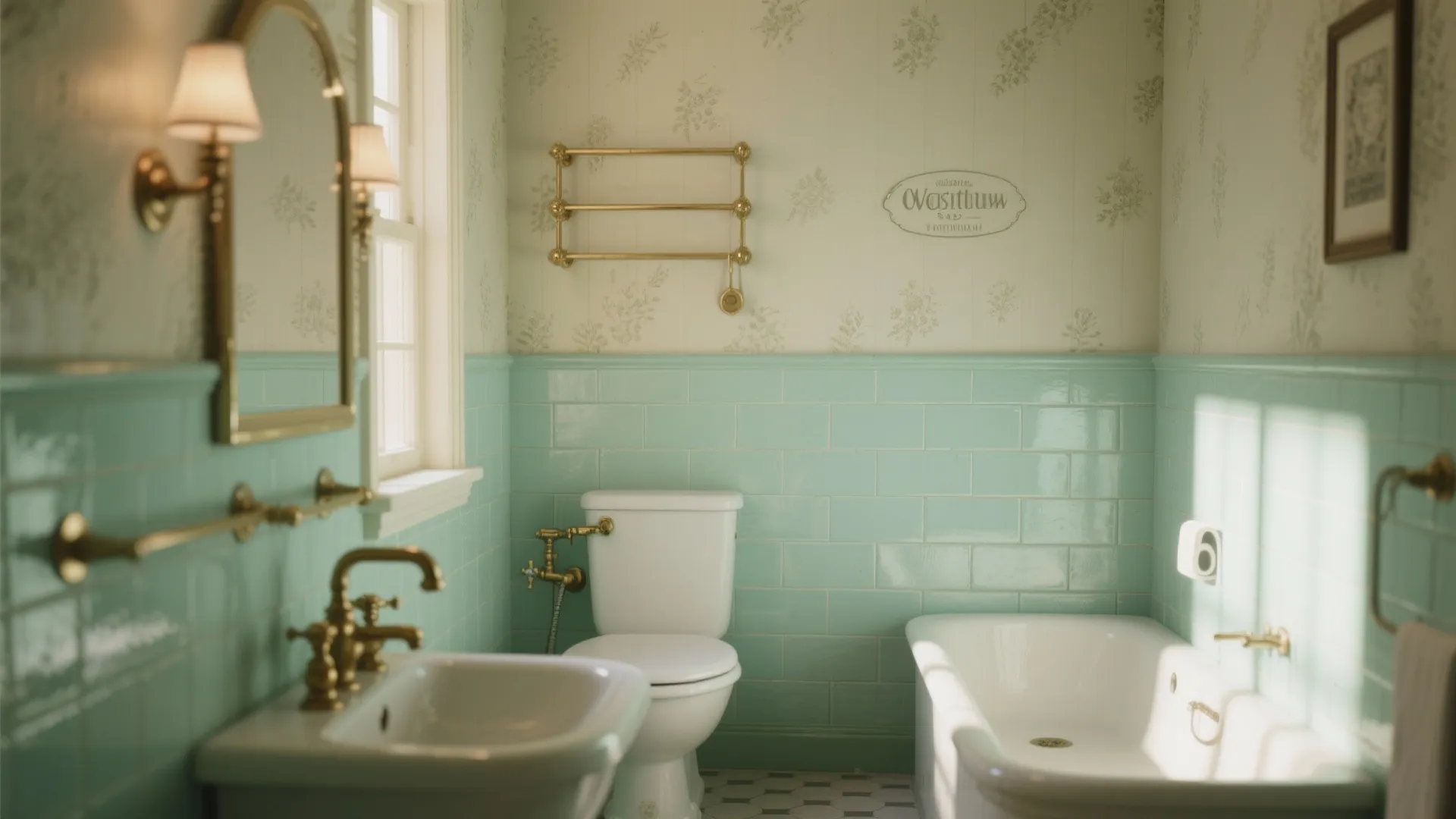 Vintage bathroom with mint wall panel floral wallpaper gold faucet white bathtub and toilet seat