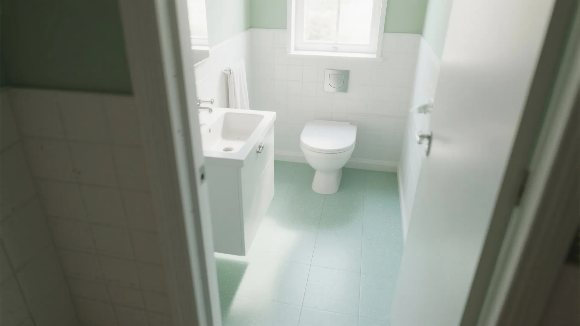 Small modern bathroom with mint green floor and upper walls plus white square tiles and cabinet