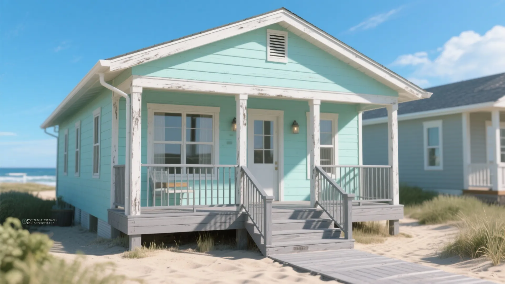 Light blue beach house with white trim, wooden front deck, stairs, sand, and beach grass