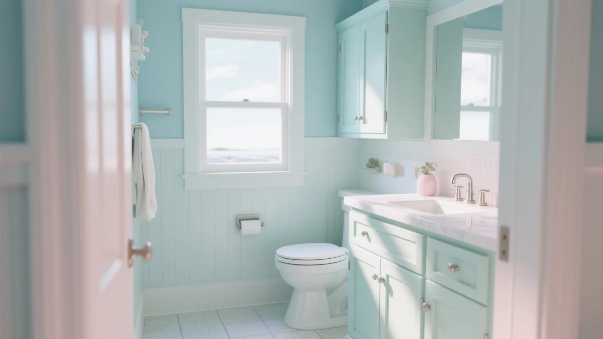 Airy small bathroom with pale mint shaker cabinets and soft daylight for a playful vibe.