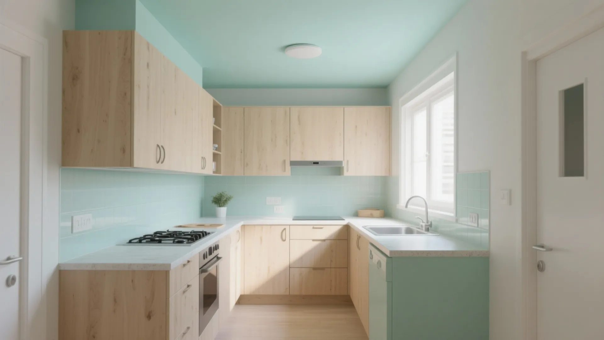 Small studio kitchen with a pale mint ceiling that makes the space feel taller and warmer.
