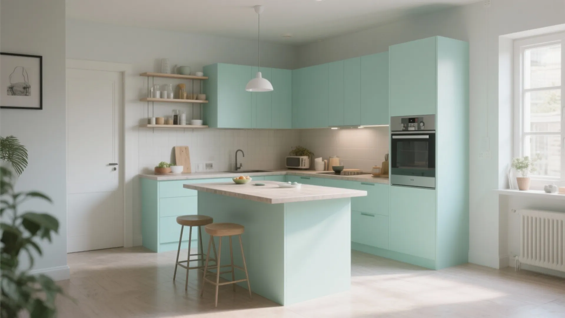 Modern kitchen featuring mint green cabinets white kitchen island wooden bar stools and bright light