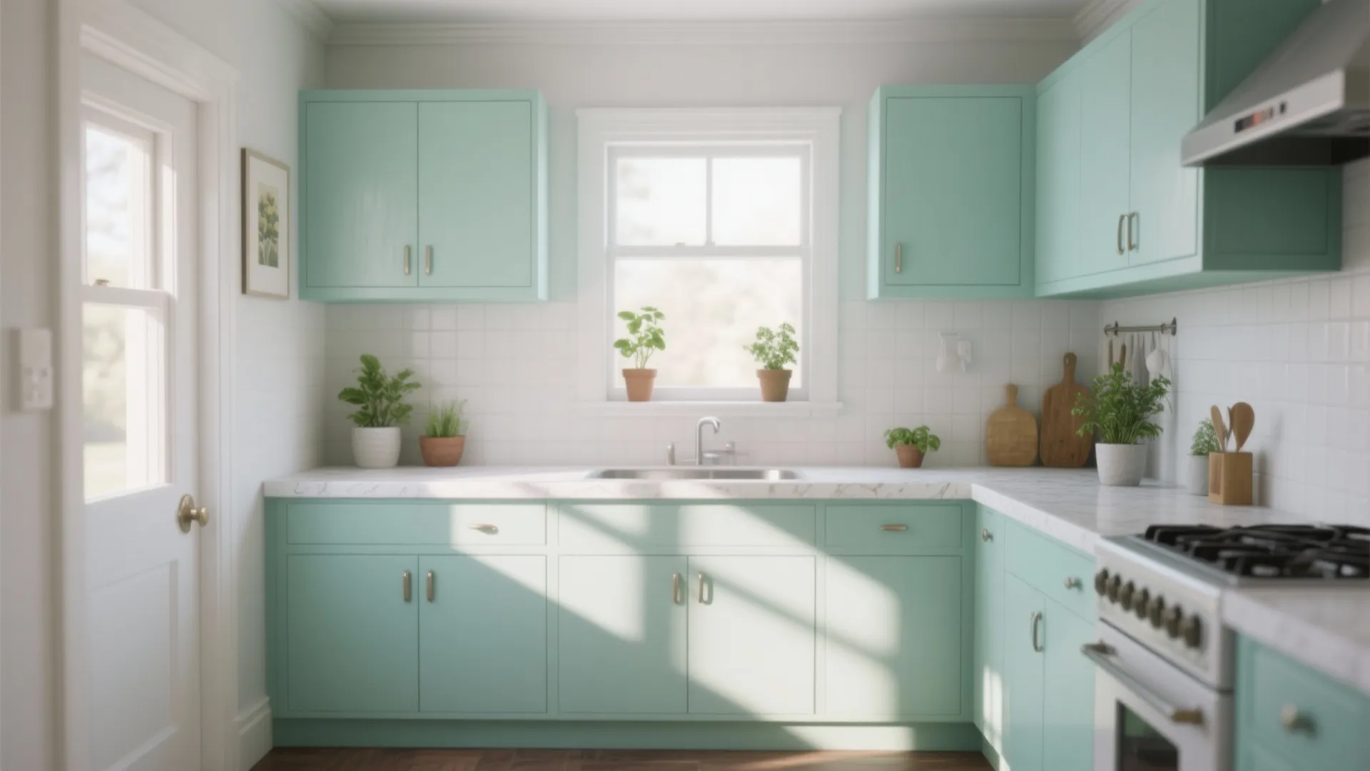 Bright kitchen featuring mint green cabinets white wall tiles marble countertop and small potted plants