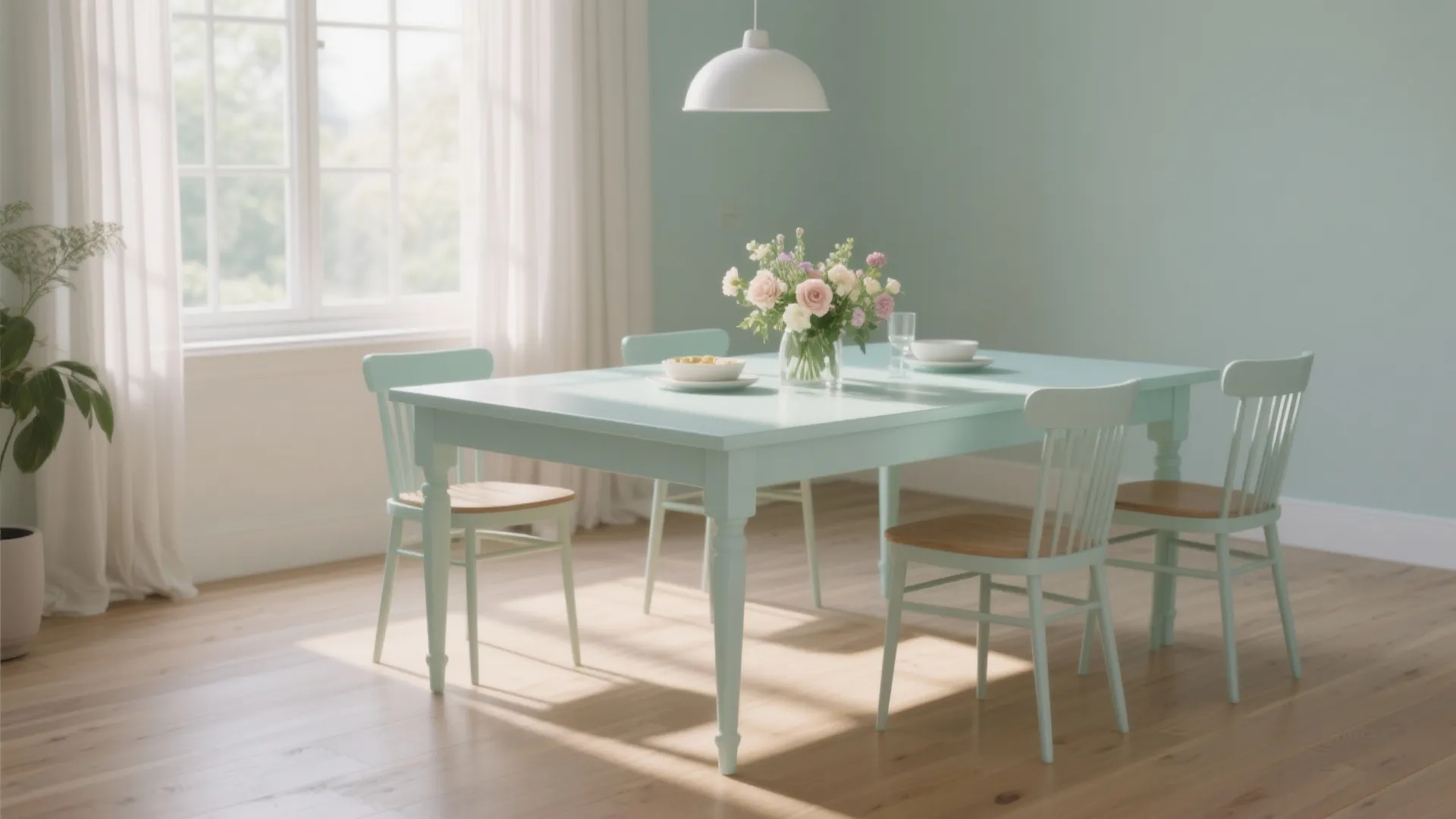 Dining table painted in mint pastel in a bright airy space