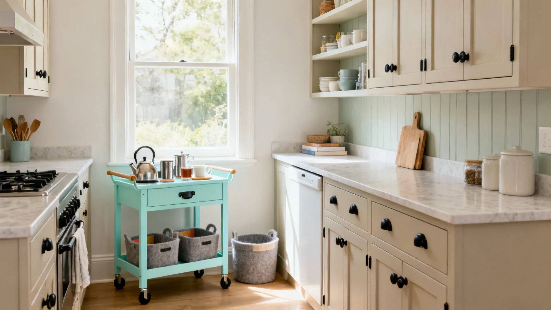 Airy small kitchen with a matte pastel mint trolley by a sunlit window and dark hardware accents.