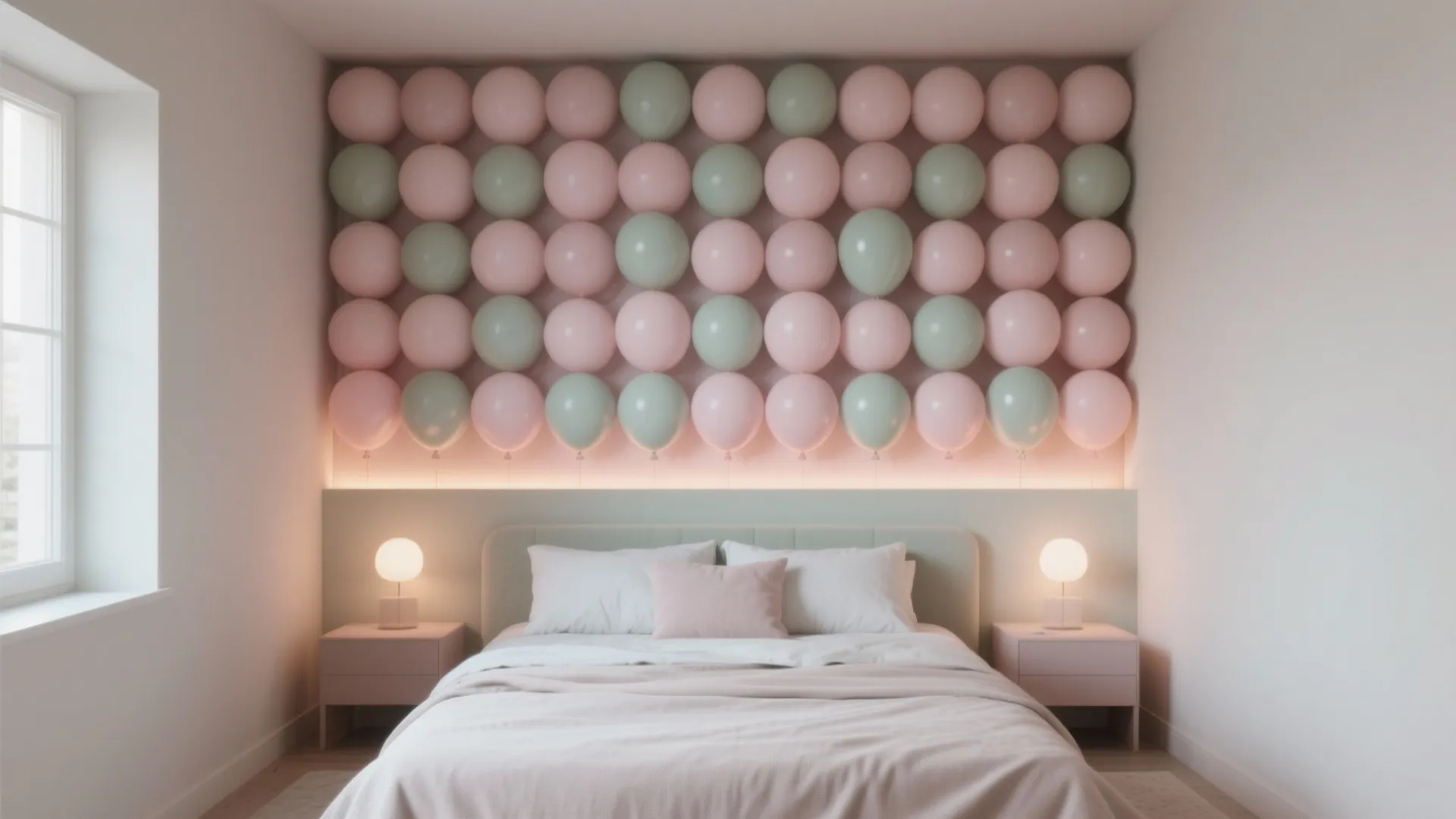 Modern bedroom featuring a wall of pink and green balloons above a grey upholstered bed