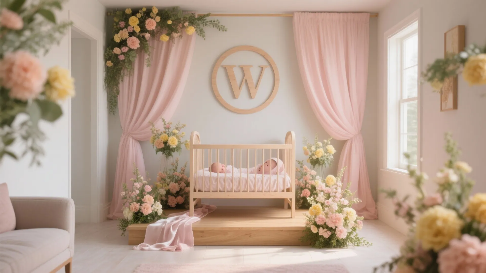 Wooden baby crib with pink curtains flowers and a large wooden letter on the wall