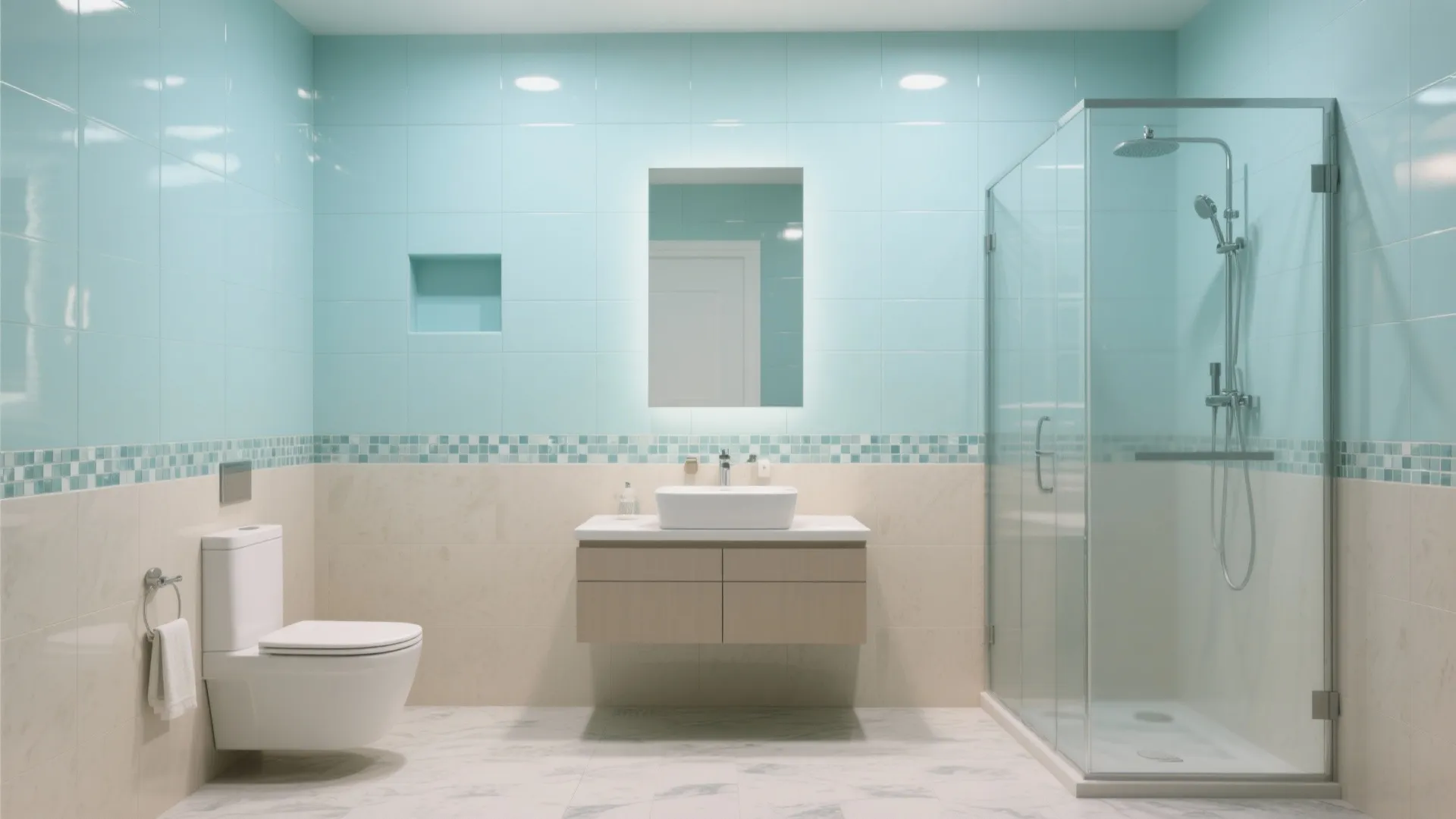 Glossy pastel walls + glass mosaic accent + matte floor