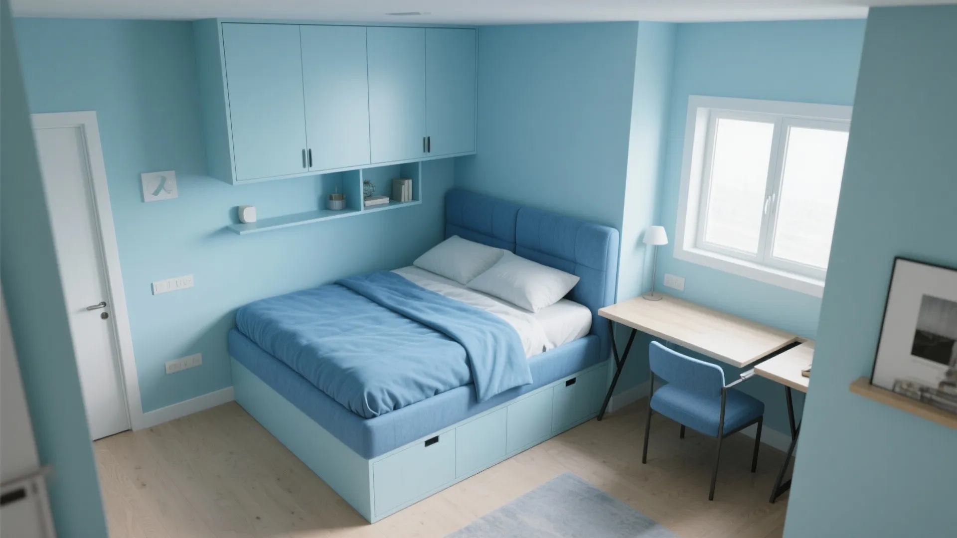 3. Airy pastel blues and multi-functional furniture