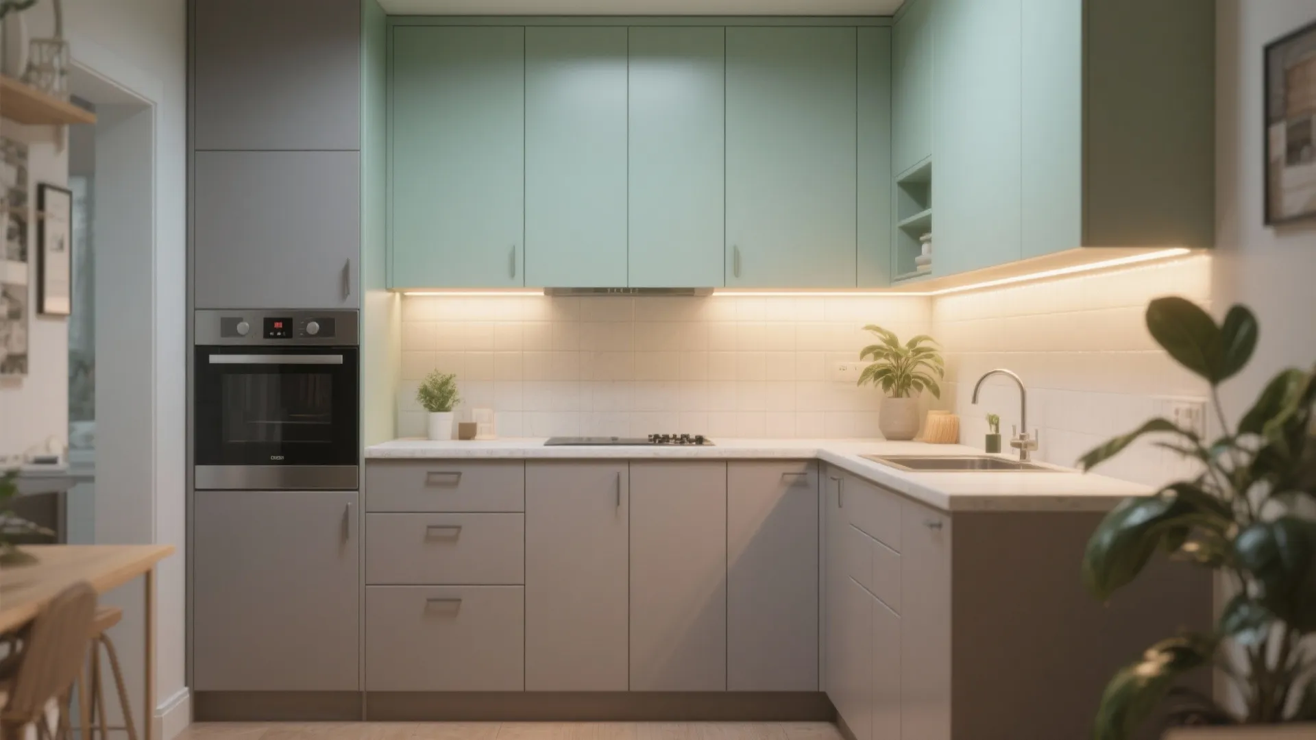 Modern kitchen with mint green top cabinets grey bottom cabinets l-shaped layout and warm under cabinet lights