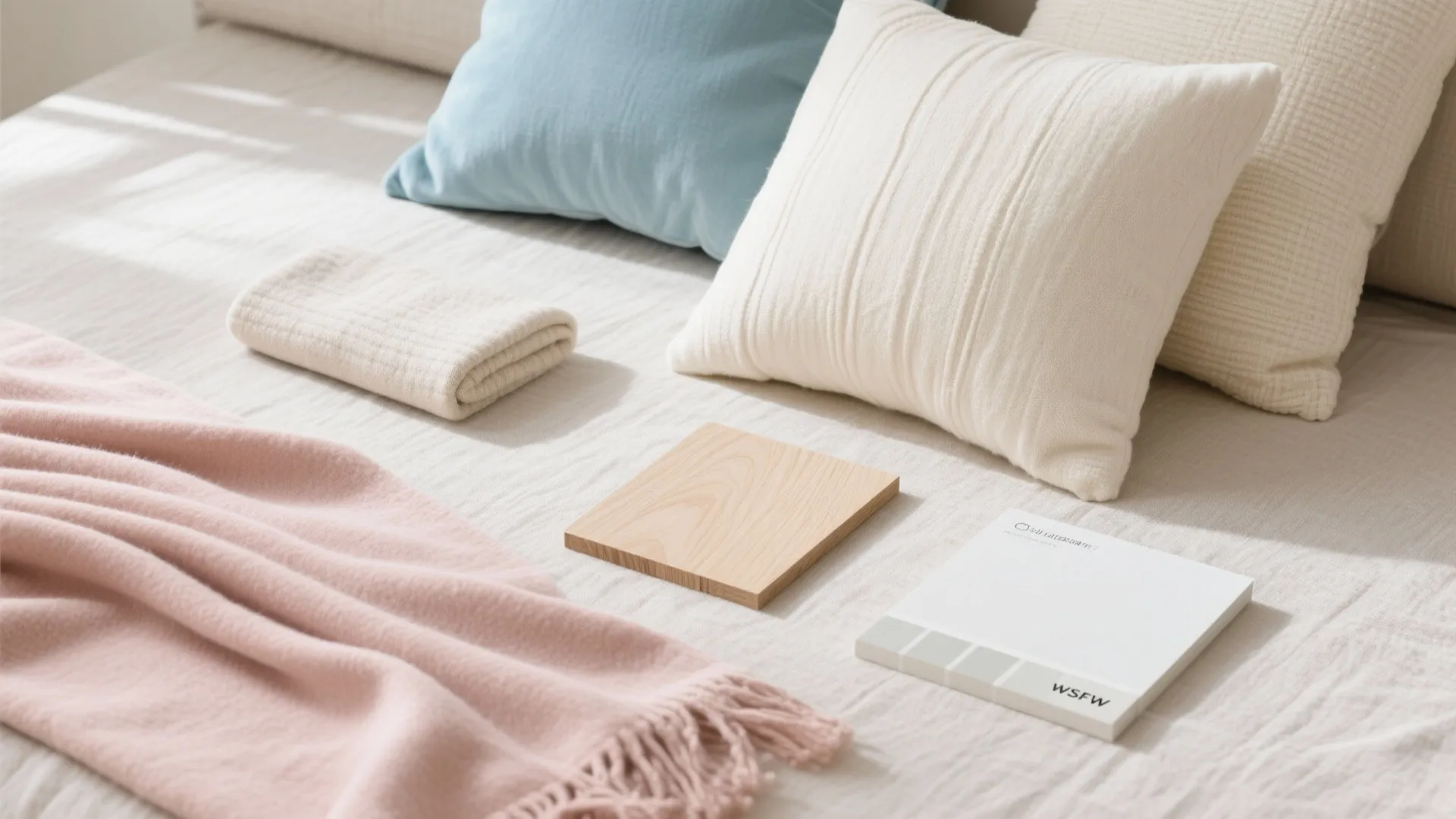 Soft bed with pink blanket wooden sample color palette and pillows in a bright room