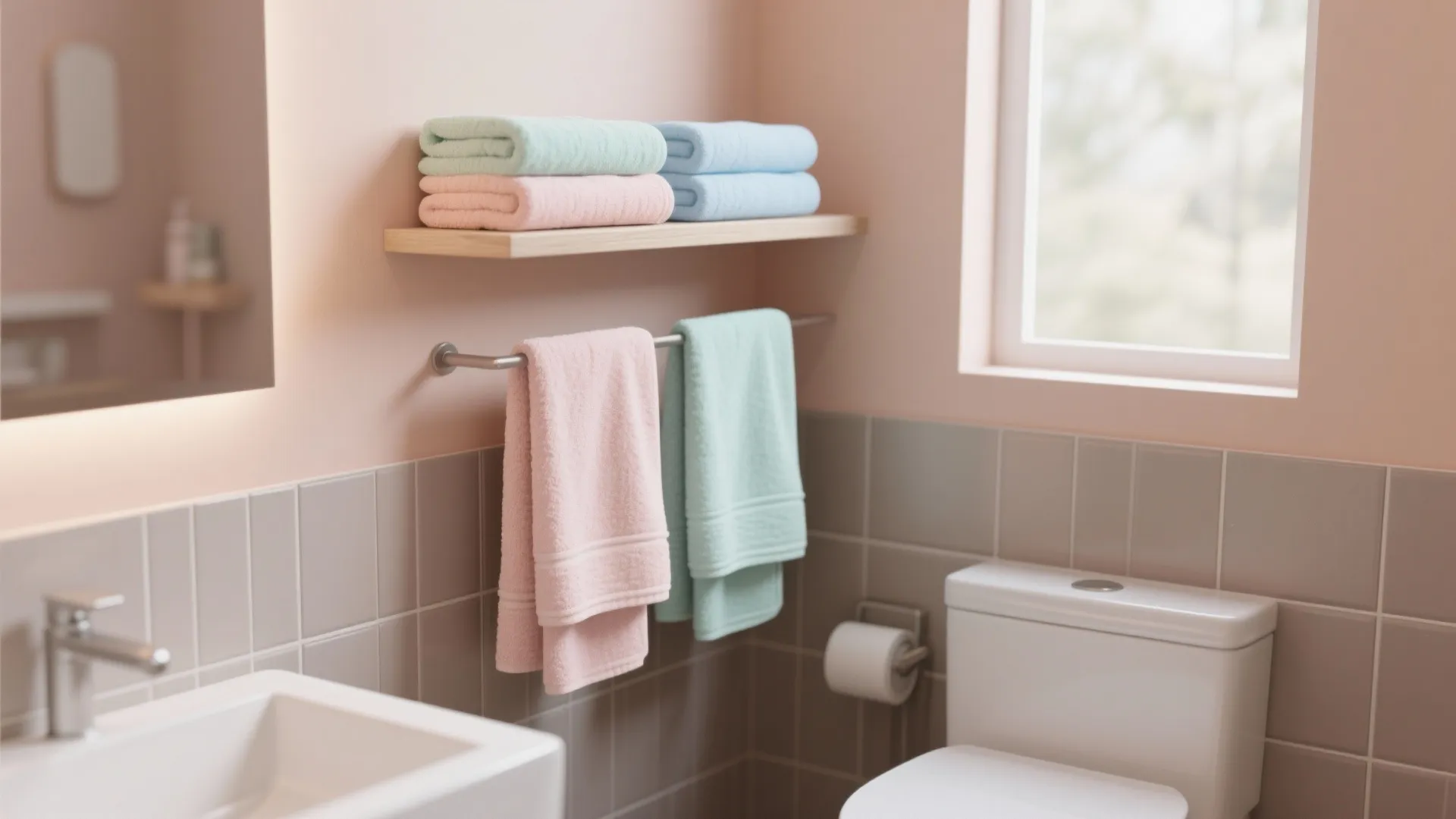 Bathroom interior with pink walls grey tiles white toilet and colorful towels on wood shelf