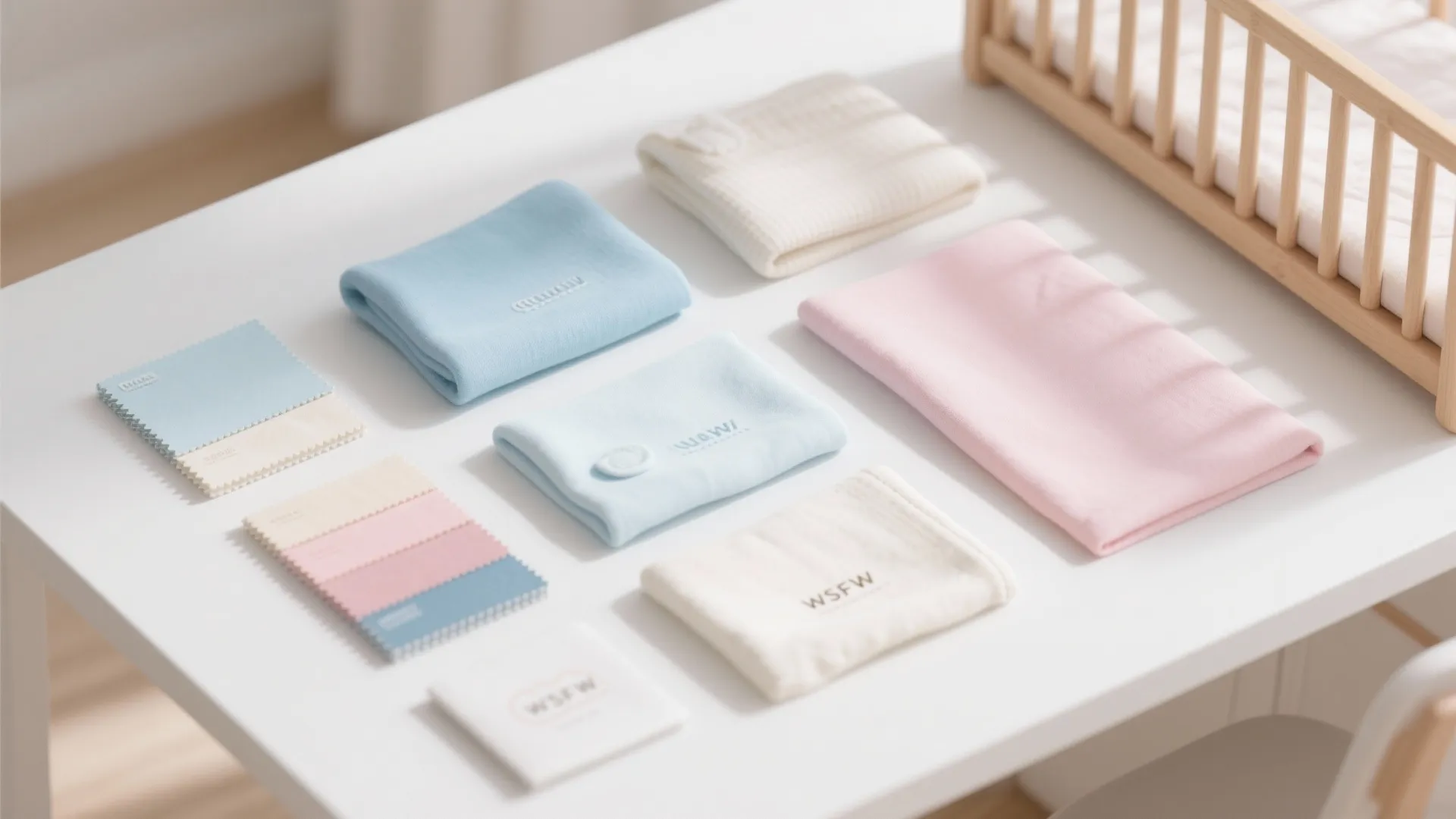 Pastel blue and pink fabric samples and folded baby blankets displayed on a white table