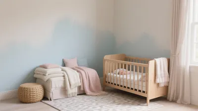 Serene Nursery with Soft Blue Accent Wall & Natural Wood Furniture