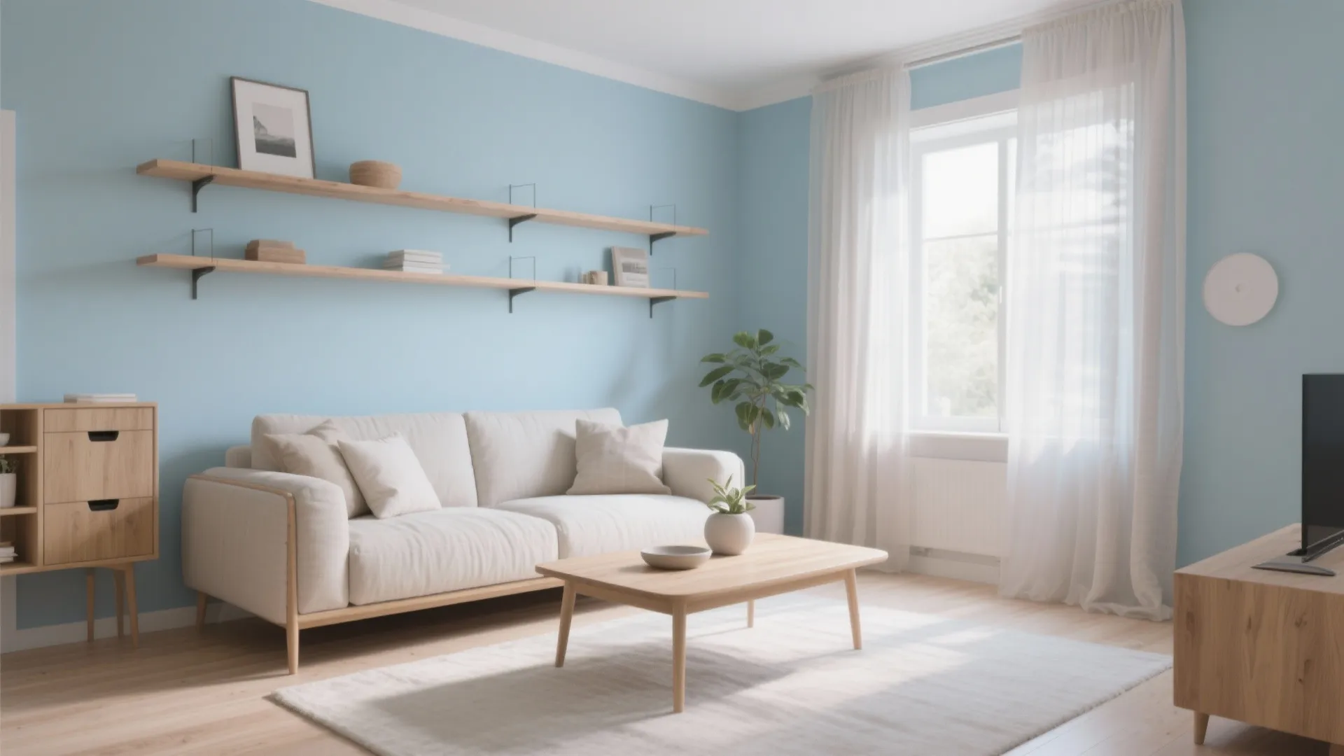 Light blue living room featuring cream sofa wooden cabinet wall shelves and bright window with curtains