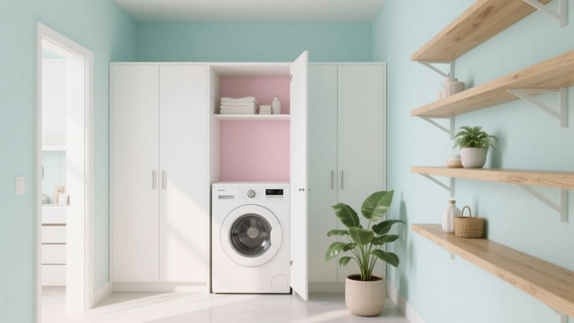 Muted aqua laundry closet with white cabinets, wood shelving and plants creating a calming oasis.