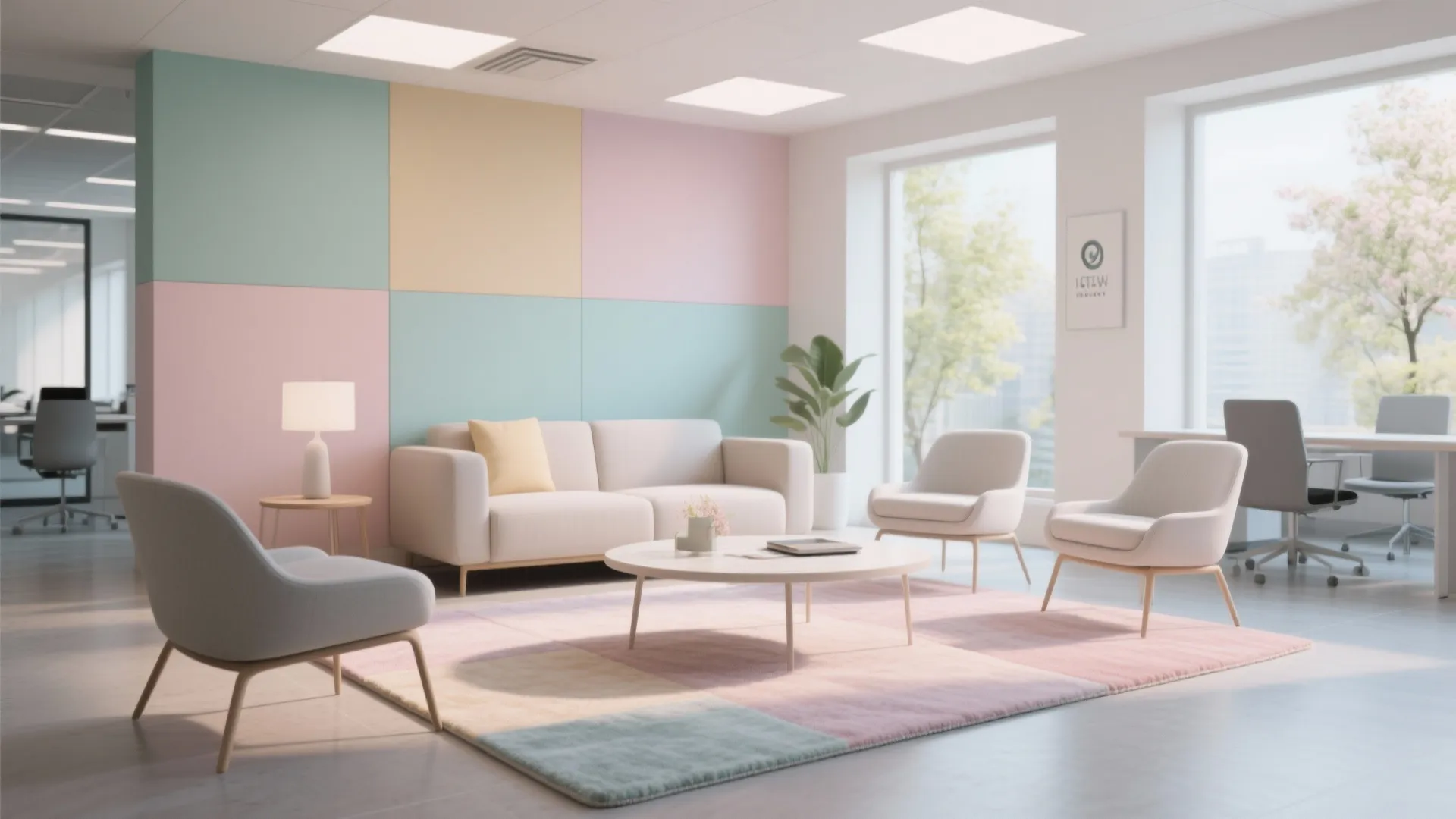 Modern office lounge with pastel wall panels white sofa grey chairs and a colorful rug