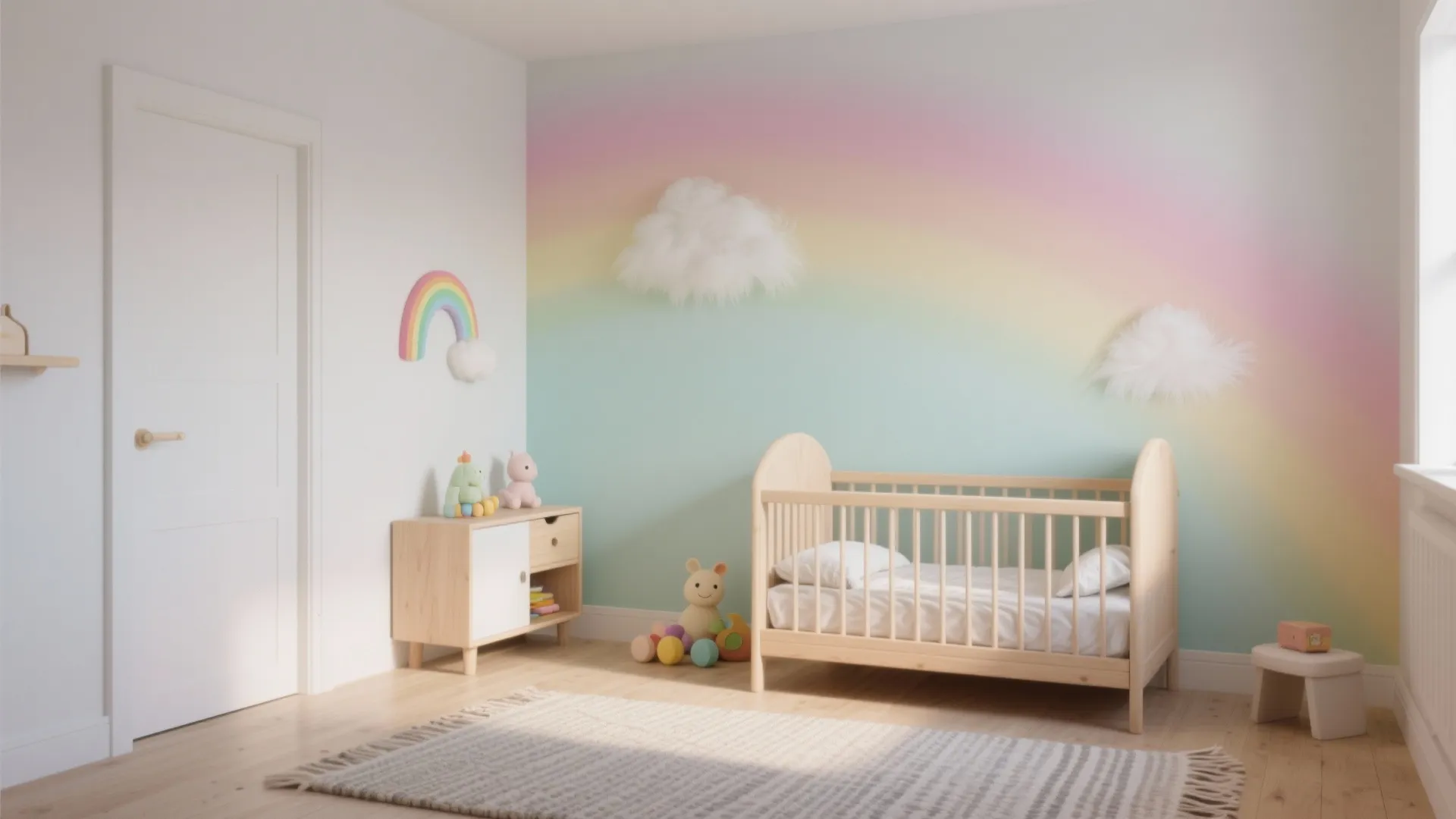 Nursery room with rainbow ombre wall wooden crib small cabinet striped rug and cloud decorations