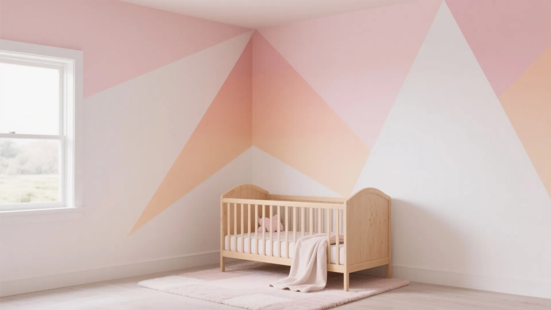 Nursery room with wooden baby bed pink geometric wall paint design window and soft rug